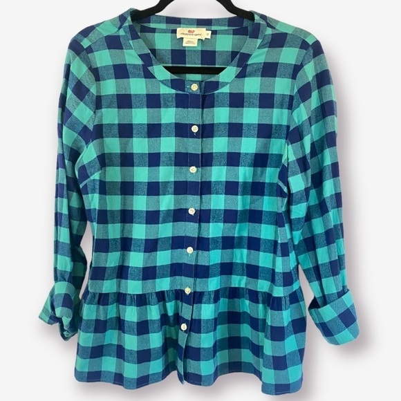 Vineyard Vines Plaid Peplum Button Down Shirt Size 12 - Picture 11 of 11